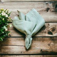 Load image into Gallery viewer, Sage Green Linen Napkins, Sage Green Napkins, Green Wedding Napkins, Linen Napkins, Dinner Napkins, Handmade Napkins, Wedding Napkins, Valentine's Day napkins, Luxury linen napkins, Dining napkins, cloth napkins, Napkins, Napkins Set, Table Napkins, Spring linen napkins, party napkins, Flax napkins