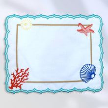 Load image into Gallery viewer, Corals & Shells Linen Placemats, Beach Placemats, Tropical Placemats, Marine Placemats, Shells Placemats, Corals Placemats, Linen Placemats,  Dinner Placemats, Handmade Placemats, Wedding Placemats, Luxury linen Placemats, Dining Placemats, Placemats,  Turquoise Scallop Placemats, Teal Scallop Placemats