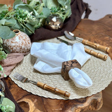 Load image into Gallery viewer, Burned Wooden Napkin Rings, Boho Napkin Rings, Bohemian Napkin Rings, Wedding Napkin Rings, Natural Napkin Holders, Fall Napkin Rings, Holiday Napkin Rings, Decorative Serviette Rings, Holiday Napkin Holders, Napkin Ring Buckles, Wedding Decorations, Decorations for Weddings, Dinner Table Rings, Dinner Table Decor, Halloween, Thanksgiving, Banquet, Party, Wedding