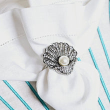Load image into Gallery viewer, Scallop Shell Napkin Rings, Shell Napkin Rings, Scallop Napkin Holder, Nautical Napkin Rings, Wedding Napkin Rings, Beach Napkin rings, Tropical napkin rings, Holiday Napkin Rings, Decorative Serviette Rings, Holiday Napkin Holders, Napkin Ring Buckles, Wedding Decorations, Decorations for Weddings, Dinner Table Rings, Dinner Table Decor, Banquet, Party, Wedding, Kim Seybert, Kim Seybert napkin rings, Kim Seybert beaded napkin rings, Kim Seybert table decoration, Kim Seybert table escape