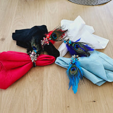 Load image into Gallery viewer, Masquerade Feather Napkin Rings, Feather Napkin Rings, Venetian Feather Napkin Rings, Peacock Feather Napkin Rings, Peacock Napkin Rings, Turquoise Napkin Rings, Wedding Napkin Rings, Baby Shower Napkin Rings,  Handmade Napkin Rings,Wedding Decoration, Tabletop Decor, Party Wedding Set, party, Ornament Table Setting, Napkin Rings Wholesale, Napkin Ring Buckles, napkin decor, Holiday Napkin Ring, Holiday Napkin Holder, Dinner Table Rings, Dinner Table Decor, Decorative Serviette Ring, colorful napkin rings
