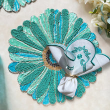 Load image into Gallery viewer, Turquoise Daisy Beaded Placemats, Floral Turquoise Beaded Placemats, Daisy Placemats, Spring Placemats, Turquoise Placemats, Beaded Placemats, Handmade Placemats, Spring Theme, Spring Table Mats, Kim Seybert , Kim Seybert placemats, dining table mats, table setting, table decor