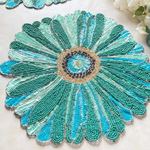 Load image into Gallery viewer, Turquoise Daisy Beaded Placemats, Floral Turquoise Beaded Placemats, Daisy Placemats, Spring Placemats, Turquoise Placemats, Beaded Placemats, Handmade Placemats, Spring Theme, Spring Table Mats, Kim Seybert , Kim Seybert placemats, dining table mats, table setting, table decor