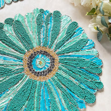 Load image into Gallery viewer, Turquoise Daisy Beaded Placemats, Floral Turquoise Beaded Placemats, Daisy Placemats, Spring Placemats, Turquoise Placemats, Beaded Placemats, Handmade Placemats, Spring Theme, Spring Table Mats, Kim Seybert , Kim Seybert placemats, dining table mats, table setting, table decor
