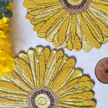Load image into Gallery viewer, Floral Yellow Beaded Placemats, Yellow Daisy Beaded Placemats, Daisy Placemats, Spring Placemats, Yellow Placemats, Beaded Placemats, Handmade Placemats, Spring Theme, Spring Table Mats, Kim Seybert , Kim Seybert placemats, dining table mats, table setting, table decor
