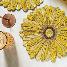 Load image into Gallery viewer, Floral Yellow Beaded Placemats, Yellow Daisy Beaded Placemats, Daisy Placemats, Spring Placemats, Yellow Placemats, Beaded Placemats, Handmade Placemats, Spring Theme, Spring Table Mats, Kim Seybert , Kim Seybert placemats, dining table mats, table setting, table decor