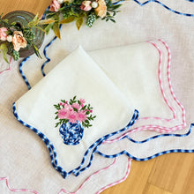Load image into Gallery viewer, Pink Flowers Embroidered Linen Napkins, Pink Flowers Napkins, Pink Flowers Embroidery, Linen Napkins, Dinner Napkins, Wedding Napkins, Party Napkins, Holiday Napkins Premium linen napkins, Luxury table linens, Sustainable dining essentials, Elegant table decor, High-quality linen napkins, Customizable napkin sets, Wedding linen napkins, Fine dining linen napkins, Everyday use linen napkins, Special occasion napkins