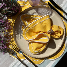 Load image into Gallery viewer, Yellow embroidered napkins, Spring Napkins, Yellow Napkins, Spring table linens, Embroidered floral napkins, Seasonal table decor, Yellow spring napkins, Elegant embroidered napkins, Floral spring napkins, Spring-inspired home decor, Embroidery detailing for napkins, Seasonal dining accessories, Handmade spring napkins, Bright embroidered table linens, Unique spring table settings, Embroidered fabric napkins, Yellow blossom table decor, Springtime dining essentials, spring tabletop accessories