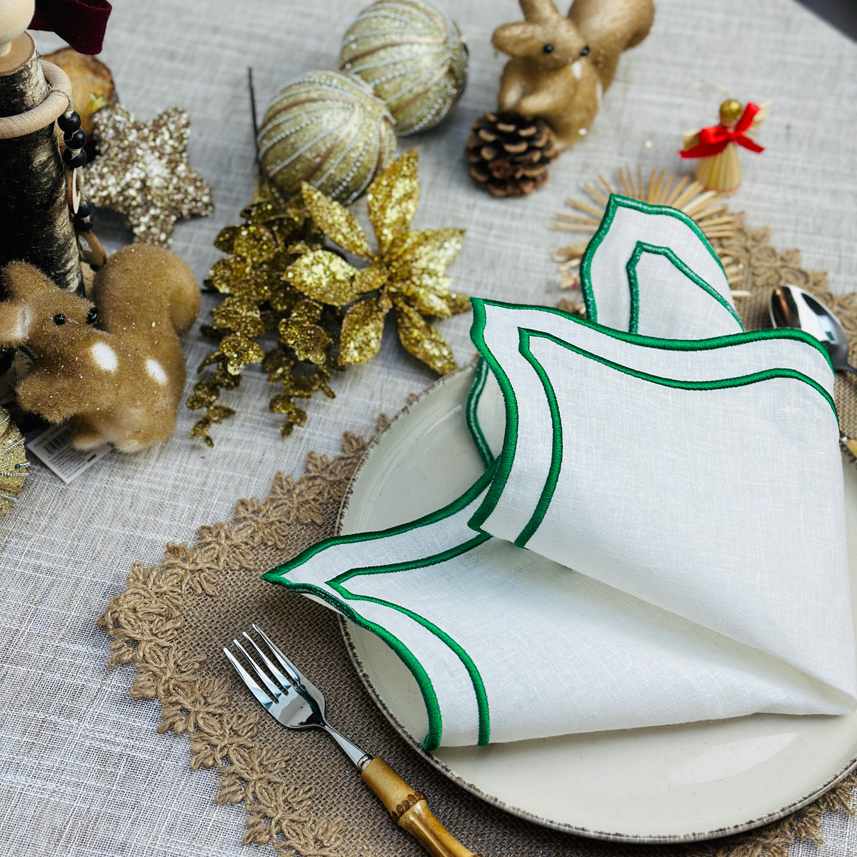 Christmas green embroidered napkins, holiday table decor, cloth dinner  napkins