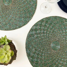Load image into Gallery viewer, 
Green Beaded Placemats, Spring Placemats, Floral Placemats, Beaded Placemats, Handmade Placemats, Colorful Beaded Placemats, Colorful Placemats,  Spring Theme, Spring Table Mats, Kim Seybert, Kim Seybert placemats, Kim Seybert beaded placemats, Kim Seybert table decoration, Kim Seybert table escape, dining table mats, table setting, table decor