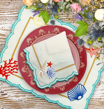 Load image into Gallery viewer, Corals & Shells Linen Placemats, Beach Placemats, Tropical Placemats, Marine Placemats, Shells Placemats, Corals Placemats, Linen Placemats,  Dinner Placemats, Handmade Placemats, Wedding Placemats, Luxury linen Placemats, Dining Placemats, Placemats,  Turquoise Scallop Placemats, Teal Scallop Placemats
