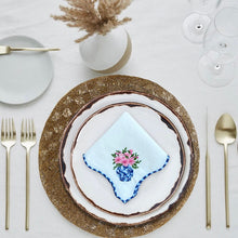 Load image into Gallery viewer, Pink Flowers Embroidered Linen Napkins, Pink Flowers Napkins, Pink Flowers Embroidery, Linen Napkins, Dinner Napkins, Wedding Napkins, Party Napkins, Holiday Napkins Premium linen napkins, Luxury table linens, Sustainable dining essentials, Elegant table decor, High-quality linen napkins, Customizable napkin sets, Wedding linen napkins, Fine dining linen napkins, Everyday use linen napkins, Special occasion napkins