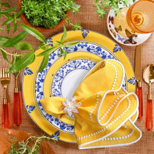 Load image into Gallery viewer, Yellow embroidered napkins, Spring Napkins, Yellow Napkins, Spring table linens, Embroidered floral napkins, Seasonal table decor, Yellow spring napkins, Elegant embroidered napkins, Floral spring napkins, Spring-inspired home decor, Embroidery detailing for napkins, Seasonal dining accessories, Handmade spring napkins, Bright embroidered table linens, Unique spring table settings, Embroidered fabric napkins, Yellow blossom table decor, Springtime dining essentials, spring tabletop accessories