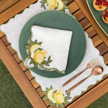 Load image into Gallery viewer, Lemon linen placemats, Lemon embroidered linen placemats, Capri placemats, Sicilian lemons placemats, Easter placemats, Wedding placemats, Handmade Placemats, Embroidered linen placemats, Embroidered placemats, Colorful placemats, Decorative placemats, Tea table mats, Table mats, Placemats