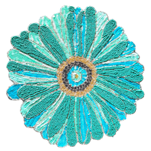 Load image into Gallery viewer, Turquoise Daisy Beaded Placemats, Floral Turquoise Beaded Placemats, Daisy Placemats, Spring Placemats, Turquoise Placemats, Beaded Placemats, Handmade Placemats, Spring Theme, Spring Table Mats, Kim Seybert , Kim Seybert placemats, dining table mats, table setting, table decor