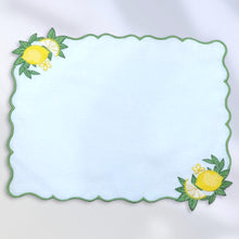 Load image into Gallery viewer, Lemon linen placemats, Lemon embroidered linen placemats, Capri placemats, Sicilian lemons placemats, Easter placemats, Wedding placemats, Handmade Placemats, Embroidered linen placemats, Embroidered placemats, Colorful placemats, Decorative placemats, Tea table mats, Table mats, Placemats
