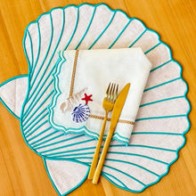 Load image into Gallery viewer, Scallop Linen Placemats, Beach Placemats, Tropical Placemats, Marine Placemats, Scallop Placemats, Linen Placemats,  Dinner Placemats, Handmade Placemats, Wedding Placemats, Luxury linen Placemats, Dining Placemats, Placemats, Beach Placemats, Tropical Placemats, Marine Placemats, Turquoise Scallop Placemats, Teal Scallop Placemats
