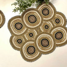 Load image into Gallery viewer, Sea Urchin Beaded Placemats, Coastal Beaded Placemats, Tropical Placemats, Coastal Placemats, Beaded Placemats, Handmade Placemats, Gold and Black Placemats, Gold and Black Coastal Theme, Costal Table Mats, Kim Seybert , Kim seybert placemats, dining table mats, table setting, table decor
