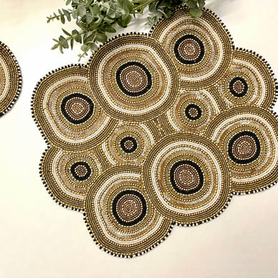 Sea Urchin Beaded Placemats, Coastal Beaded Placemats, Tropical Placemats, Coastal Placemats, Beaded Placemats, Handmade Placemats, Gold and Black Placemats, Gold and Black Coastal Theme, Costal Table Mats, Kim Seybert , Kim seybert placemats, dining table mats, table setting, table decor