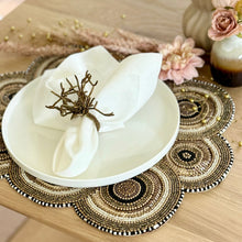 Load image into Gallery viewer, Sea Urchin Beaded Placemats, Coastal Beaded Placemats, Tropical Placemats, Coastal Placemats, Beaded Placemats, Handmade Placemats, Gold and Black Placemats, Gold and Black Coastal Theme, Costal Table Mats, Kim Seybert , Kim seybert placemats, dining table mats, table setting, table decor
