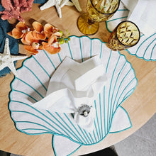 Load image into Gallery viewer, Scallop Shell Napkin Rings, Shell Napkin Rings, Scallop Napkin Holder, Nautical Napkin Rings, Wedding Napkin Rings, Beach Napkin rings, Tropical napkin rings, Holiday Napkin Rings, Decorative Serviette Rings, Holiday Napkin Holders, Napkin Ring Buckles, Wedding Decorations, Decorations for Weddings, Dinner Table Rings, Dinner Table Decor, Banquet, Party, Wedding, Kim Seybert, Kim Seybert napkin rings, Kim Seybert beaded napkin rings, Kim Seybert table decoration, Kim Seybert table escape
