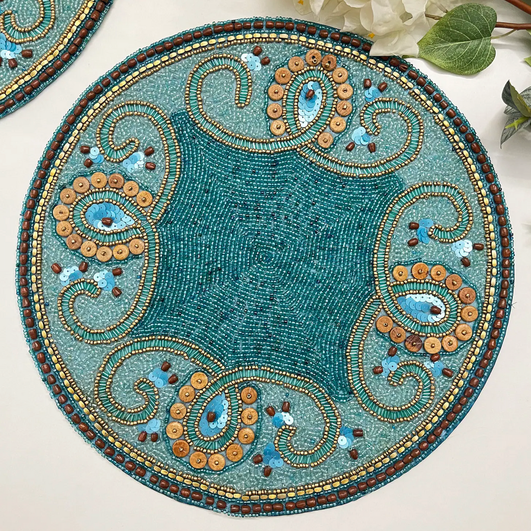 Taj Mahal Beaded Placemats, Indian Table Decor Theme, Boho Placemats, Indian Beaded Placemats, Indian Cultural Placemats, Blue Placemats, Beaded Placemats, Handmade Placemats, Indian Theme Table Mats, Kim Seybert , Kim Seybert placemats, dining table mats, table setting, table decor