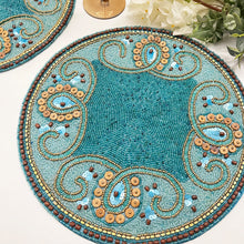 Load image into Gallery viewer, Taj Mahal Beaded Placemats, Indian Table Decor Theme, Boho Placemats, Indian Beaded Placemats, Indian Cultural Placemats, Blue Placemats, Beaded Placemats, Handmade Placemats, Indian Theme Table Mats, Kim Seybert , Kim Seybert placemats, dining table mats, table setting, table decor
