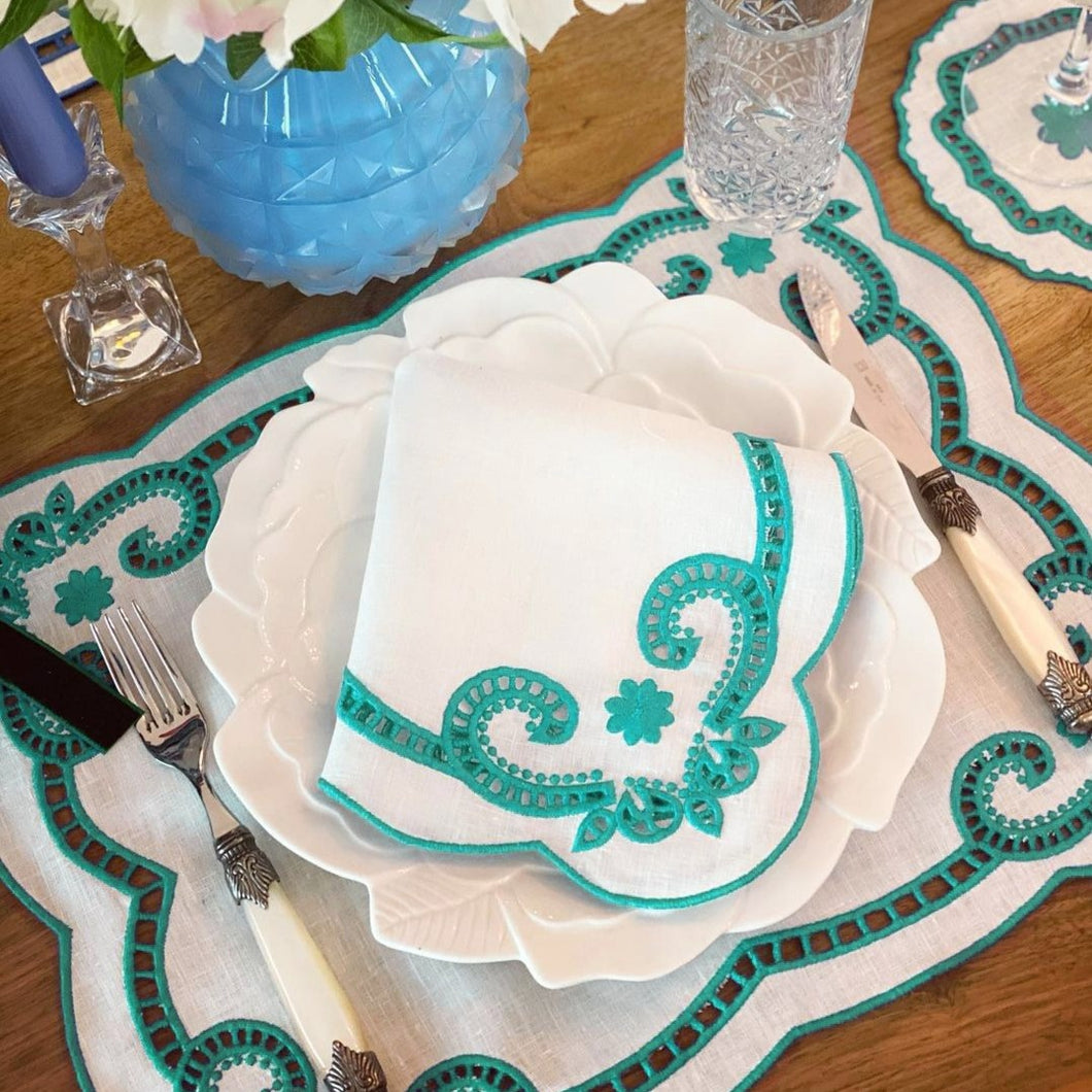 Turquoise Embroidered Linen Napkins
