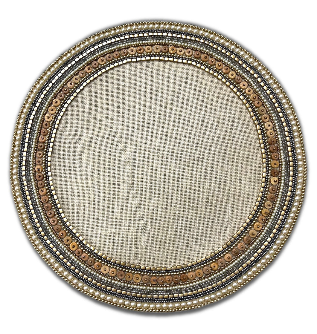 Gold Beaded Placemats on Burlap