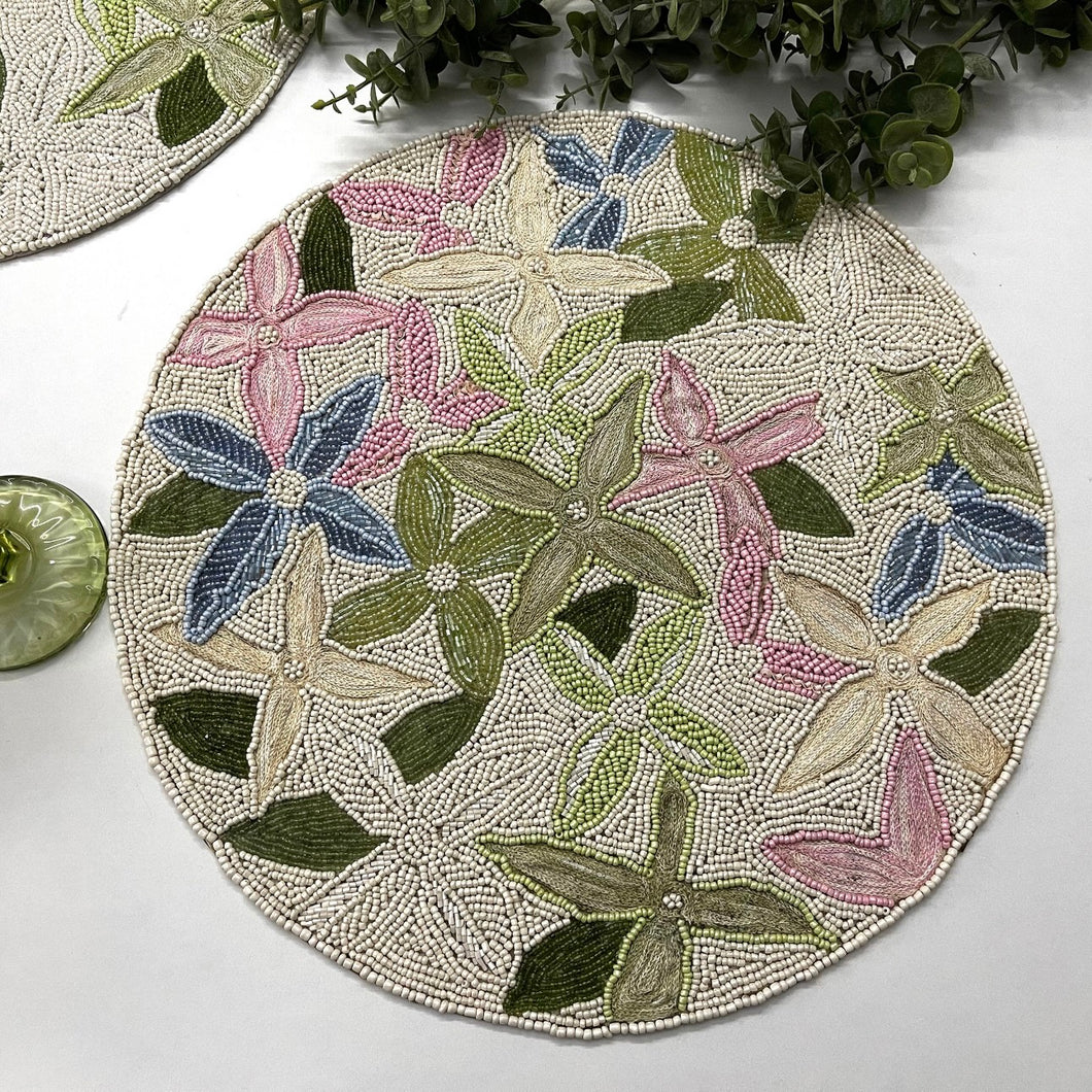 Handmade Beaded Pastel Floral Placemats (Set of 2)