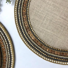 Load image into Gallery viewer, Handmade Gold Beaded Placemats on Burlap (Set of 2)
