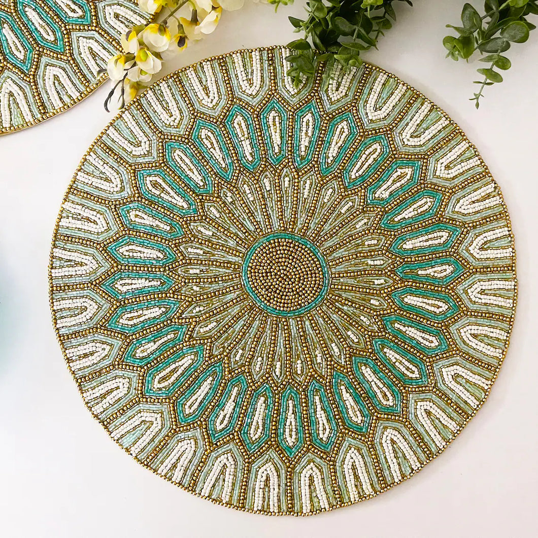 Luxury Handmade Teal Beaded Placemats (Set of 2)