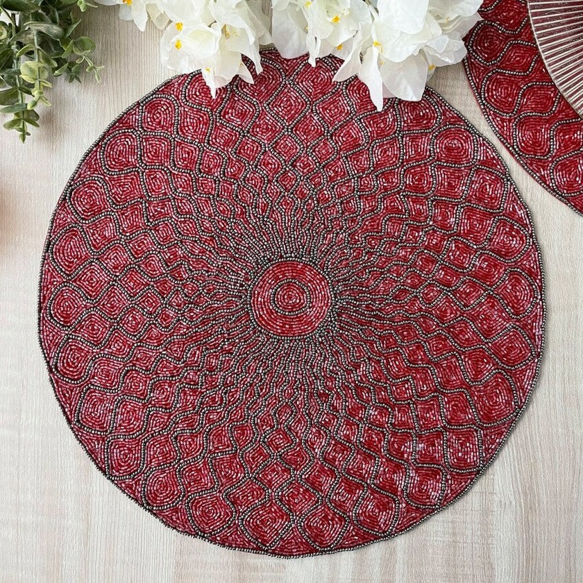 Luxury Handmade Red Beaded Placemats (Set of 2)