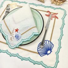 Load image into Gallery viewer, Corals &amp; Shells Linen Placemats, Beach Placemats, Tropical Placemats, Marine Placemats, Shells Placemats, Corals Placemats, Linen Placemats,  Dinner Placemats, Handmade Placemats, Wedding Placemats, Luxury linen Placemats, Dining Placemats, Placemats,  Turquoise Scallop Placemats, Teal Scallop Placemats
