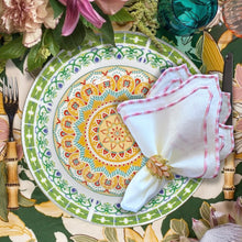 Load image into Gallery viewer, Pink embroidered napkins, Spring Napkins, Pink Napkins, Spring table linens, Seasonal table decor, Pink spring napkins, Linen Napkins, Dinner Napkins, Wedding Napkins, Party Napkins, Holiday Napkins, Premium linen napkins, Handmade spring napkins, Bright embroidered table linens, Elegant embroidered napkins, Floral spring napkins
